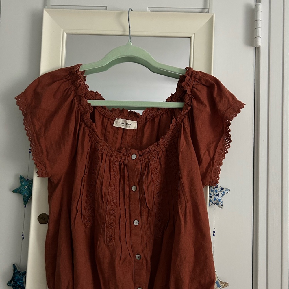 Lucky Brand rust Brown Smocked Ruffled Blouse S